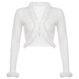 Ribbed Split Lace Up White Long Sleeve Cropped Tshirt Top Autumn Sexy Casual V Neck Tee Shirt Women Feather