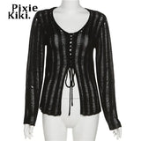 Y2k Grunge Black Sweater for Women Sexy Hollow Out See Through Drawstring V Neck Long Sleeve Top Fall 2023