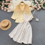 Autumn Vintage Women Two Piece Set Elegant Notched Collar Single Button Coat + Floral Spaghetti Strap Dress Suits 2Pcs