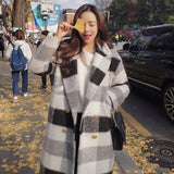 Korean Mid Long Autumn Winter Big Lapel High Quality Woolen Coat Black And White Plaid Student Thickened Warm Woolen