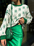 Winter Women Vintage Letter Print Sweaters Female O-neck Contarsting Knitted Pullovers 2022 Casual Office Ladies