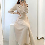 V-neck Puff Sleeve A-line Maxi Dresses for Woman Women Solid Color Midi Robe Korean Office Dresses Elegant Spring