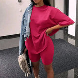Biker Shorts Tracksuit 2 Pieces Set Female Solid Sets With Belt Half Sleeve 2021 Summer Streetwear Loose Casual New
