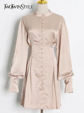 Vintage Plain Dress For Women Stand Collar Loose Long Lantern Sleeve High Waist Mini Dresses Female 2022 Spring