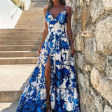 2025 Women's Dress Sexy Temperament Print V-Neck Sling Elegant Open-Fork