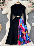 Print Patchwork Women Sweater Dress Half High Collar Rero Sashes Sheath Dress Winter Fashion Knitted A Line Long