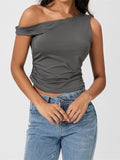 Sexy Women Tank Crop Tops Slim Fit Off Shoulder Sleeveless Solid Color Summer Party Ruched Mini Vest Streetwear 2024-Outfit
