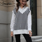 Houndstooth knitted sweater vest women V neck sleeveless oversized pullover vintage Fall winter female waistcoat