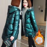 Women Shiny Down Cotton Jacket Winter Jackets Warm Mid Long Cotton Padded Casual Hooded Parkas Overcoat Female Basic