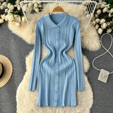 Autumn Striped Knitted Dress Women Lapel Button Sheath Warm Dress Ladies Fashion Solid Elastic Waist Sweater