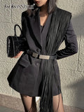 Korean Fashion Black Patchwork Tassels Blazer For Women Notched Collar Long Sleeve Solid Blazers Female Spring