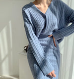 Women Autumn Winter V-Neck Hemp Pattern Knitted Sweater Top + High Waist Elegant Skirt 2 Piece Set Slim Casual Dress