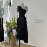French Elegant Style High-Level Famous Temperament Folded Waist Shoulder Dress Dress Dress