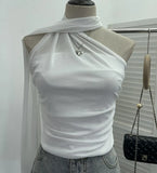 Shooting Mesh Ribbon Hanging Neck Folded Sleeveless Top Babes Two-Wearing Design Wrapping Bras