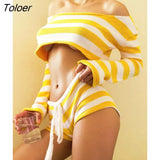 Knit Stripe Crop Top Shorts Suits Women Long Sleeves Top Drawstring Shorts 2 Two Piece Set Sweater 2023 Beach Holiday 425-1-Outfit