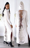 White Ripped Back Side Slits Long Hoodie