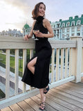 Black Cotton Linen Vest Woman Evening Dress Spring 2023 High Waist Slit Dress Summer Elegant Party Sleeveless