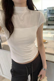 Girls Foreign Style Simple Net Gauze Spliced Half-High-Collar T-Shirt Spring And Summer New Thin Solid Color Short-Sleeved Blouse-Outfit