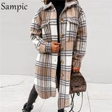 2021 Khaki Autumn Loose Plaid Single Breasted Long Coat Jacket Women Pocket Casual Long Sleeve Winter Jacket Coat
