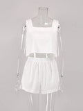 White Cropped Tank Top And Shorts Sets Cotton Casual Womens 2 Piece Sets Summer Female Home Wear Thin Sets