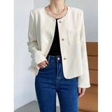 Button Up Tweed Coat Black Beige Autumn Elegant Women's Short Cardigan