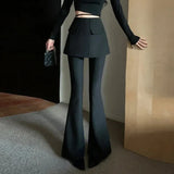Chic Women Pants Fake Two Piece Patchwork High Waist Slim Flare Pants Black Streetwear Female Fashion Long Trouser-Outfit