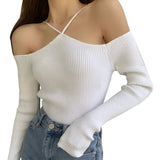 Woman Clothing Knitted T-shirt Autumn Clothes Harajuku Solid Color Off Shoulder Long Sleeve Tees Sexy Club y2k Streetwear-Outfit