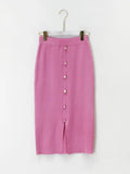 Women Autumn Pink/Black Colorblock O-Neck Single Pearl Breasted Knit Cardigan +Elastic Split Long Skirt Set Elegant 2 Piece