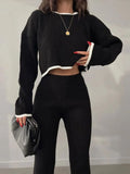 Women Casual Contrast Slit Sweater Suits O-Neck Knitted Crop Pullover And Wide Leg Pants Female 2 Piece Set Elegant Warm