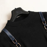 TWOTWINSTYLE Casual Two Piece Set For Women O Neck Long Sleeve Sweater Patchwork Chain Strap Dress Female Sets 2021
