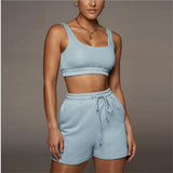Solid Sportswear 2 Two Piece Sets Women 2021 Crop Top And Drawstring Shorts Matching Suits Summer Athleisure Outfits