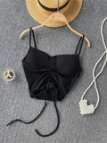 Summer Streetwear Black Soild Corset Top Backless Cami Strap Drawstring Bandage V Neck Crop Top Women 2022 Pink Tops