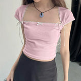 Desire Pink Flying Sleeves Design Pink T-Shirt With Slim Neck Girl Blouse 2024 Summer New Style-Outfit