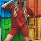 Biker Shorts Tracksuit 2 Pieces Set Female Solid Sets With Belt Half Sleeve 2021 Summer Streetwear Loose Casual New
