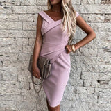 Casual Solid Bodycon Dress 2021 Women Elegant Double V-Neck Sleeveless Party Dress Ladies Fashion Draped Zipper