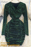 Sequins Glitter Bodycon Mini Dress Women Fashion Ruched Party Dress V-neck Long Sleeve High Waist Autumn Club Dress