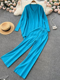 Winter Loose Irregular Knitted Two Pieces Suits V Neck Knitwear+Wide Leg Long Pant Women Streetwear Solid Sweater