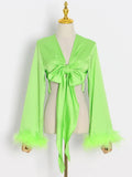 Solid Shirt For Women V Neck Long Sleeve Patchwork Feathers Sexy Belt Blouses Female Fashion Cloth Style New