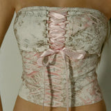 Printed Corset Pink Ribbon Tie-Up Tube Top-Outfit
