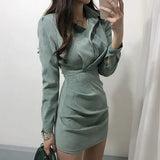 Korean Chic Turn Down Collar Single Breast Tie vintage Dress High Waist Hip Pleat Bodycon Vestidos Solid Temperament