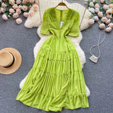 French Folds Long Dress Lapel V Neck Senior Ruff Sleeve Slim Ladies Summer Fashion Elastic Solid Sweet Sexy