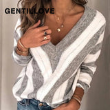 Autumn Oversized Sweater Vintage V Neck Striped Knitted Sweater Casual Autumn Winter Pullovers Knitwear Jumper
