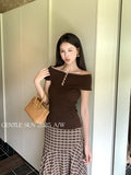 Xixi 2025 Autumn White Label New Word-Collar Wool Bottom Knitted Knitted Short-Sleeved T-Shirt For Women