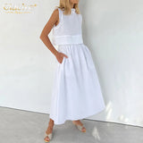 Summer Stand Collar Shirts Women Two Piece Set Casual Loose High Waist Midi Skirts Set Elegant White Suits With