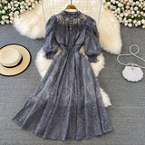 Vintage Women Lace Dress Spring Summer Elegant Stand Collar Puff Sleeve High Waist Party Vestidos Female Runway Robe 2022