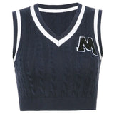 Letter Print Knitted Tank Sweater Vest Women Y2K Sleeveless V Neck Vintage Crop Top Preppy Style Vintage