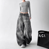 High Street Multi-Pocket Black Work Clothes Jeans Women 2025 New High-Waisted Loose Broad-Legged