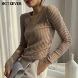 Autumn Deep O-neck Women Basic Slim Warm Knitted Tops Casual Skinny Stretch Long Sleeve Female Pullover Sweaters