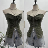 Real Shooting Hottie Retro Tender With Chest Pad Wrapped Bra Zipper Design Smear Bra Vest Short Sleeveless Top