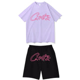 Devil Island Rose Red Letter Printed Short-Sleeved T-Shirt Casual Shorts Set For Men And Women-Outfit